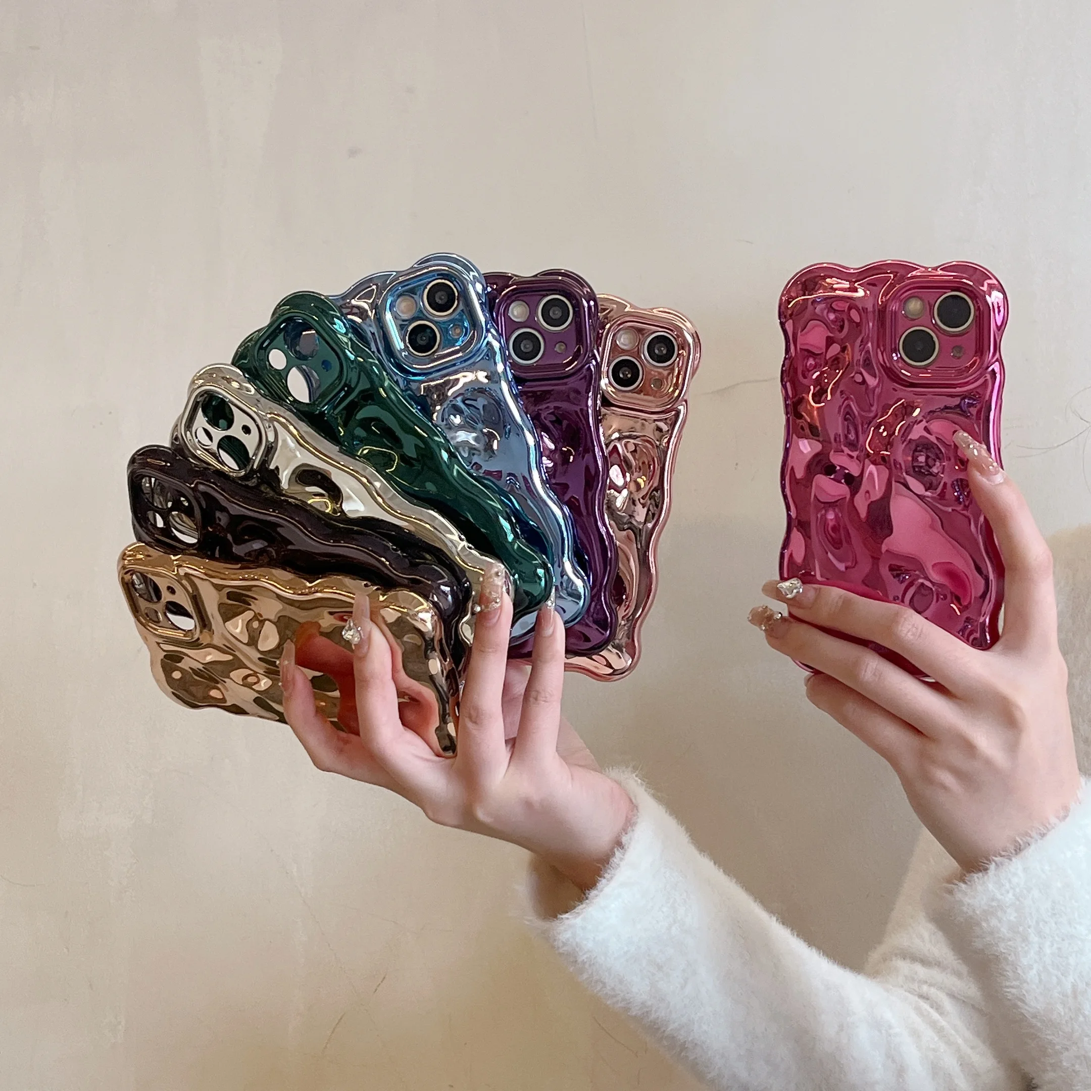 Luxury Wavy 3D Meteorite Texture Plating Silver Case for iPhone 11 12 13 14 15 Pro Max Anti-Fall Full Protection Glossy Cover