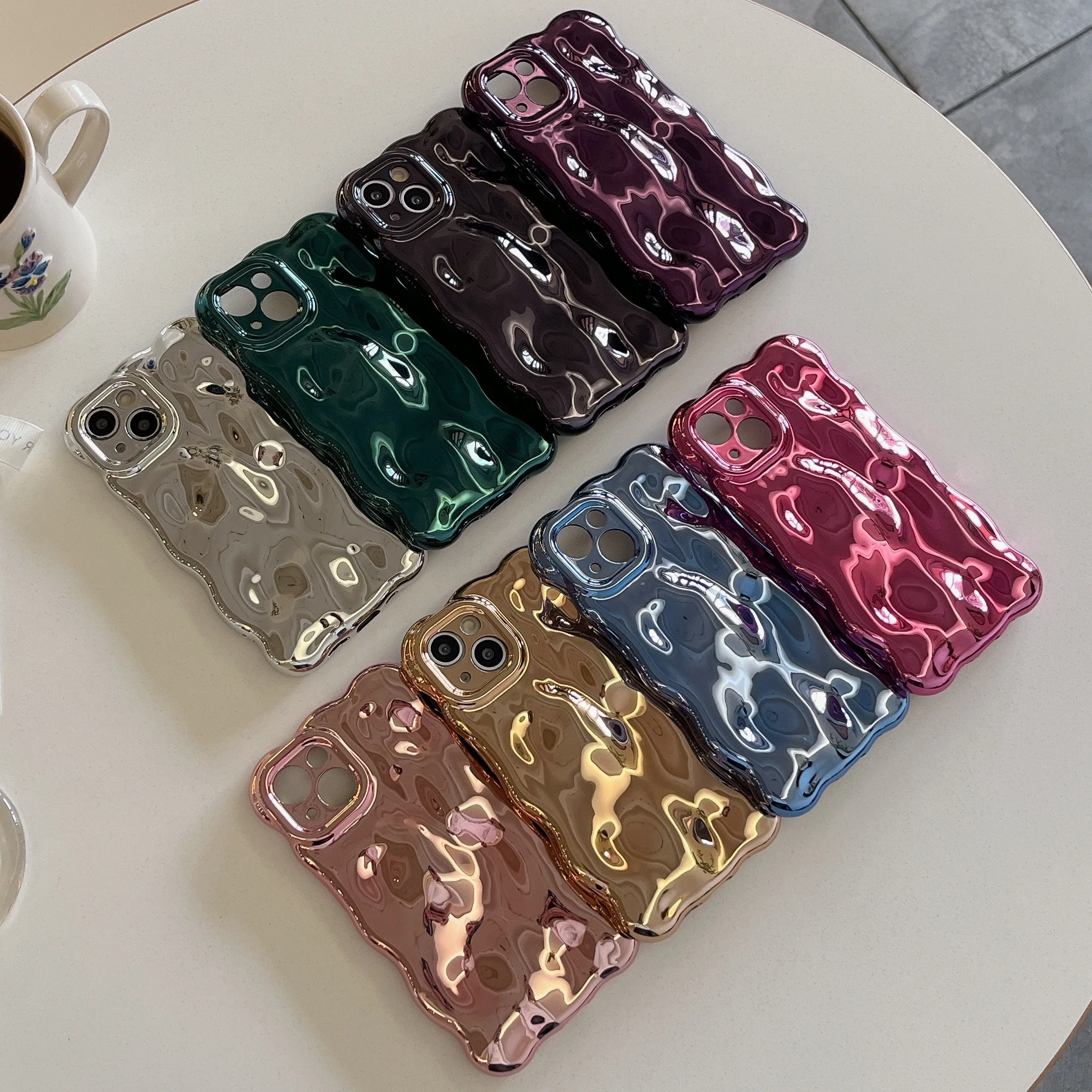 Luxury Wavy 3D Meteorite Texture Plating Silver Case for iPhone 11 12 13 14 15 Pro Max Anti-Fall Full Protection Glossy Cover