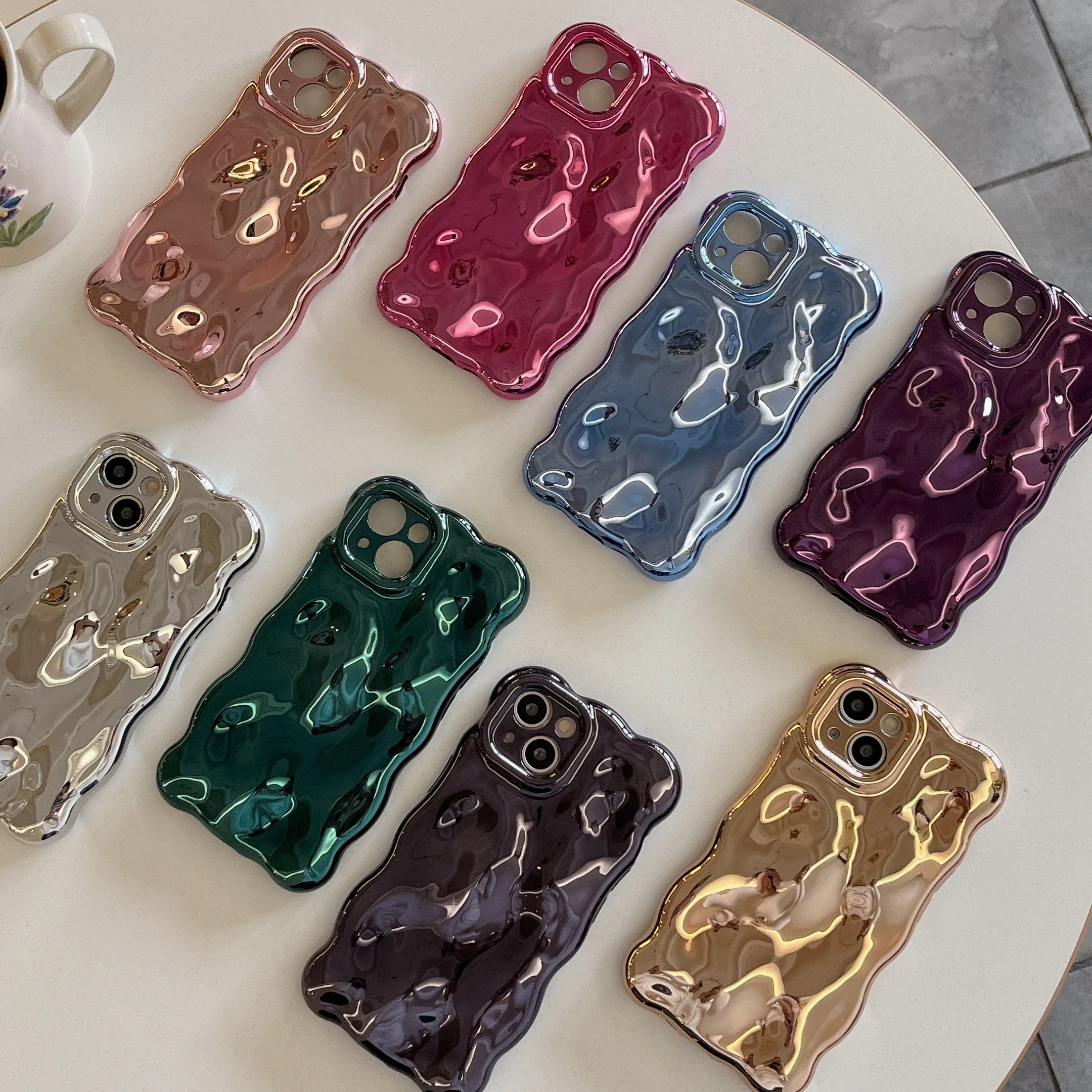Luxury Wavy 3D Meteorite Texture Plating Silver Case for iPhone 11 12 13 14 15 Pro Max Anti-Fall Full Protection Glossy Cover