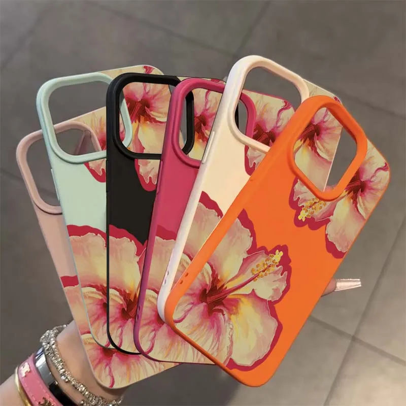 Elegant Pink Hibiscus Flower Lichee Silicone Phone Case For iPhone 17 16 Pro Max XS X XR 15 14 13 12 11 16 Plus Cover Soft Funda