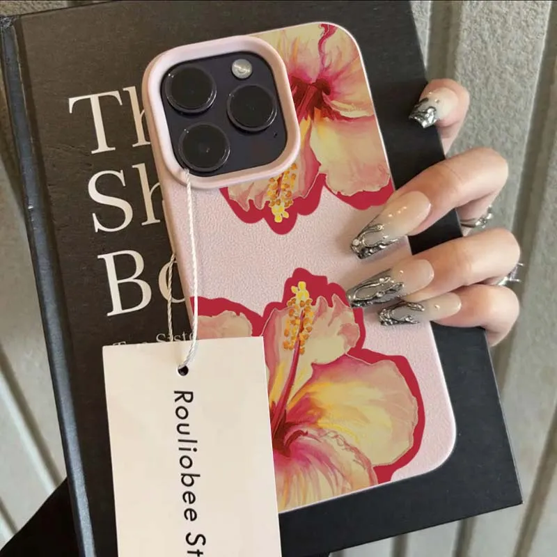 Elegant Pink Hibiscus Flower Lichee Silicone Phone Case For iPhone 17 16 Pro Max XS X XR 15 14 13 12 11 16 Plus Cover Soft Funda
