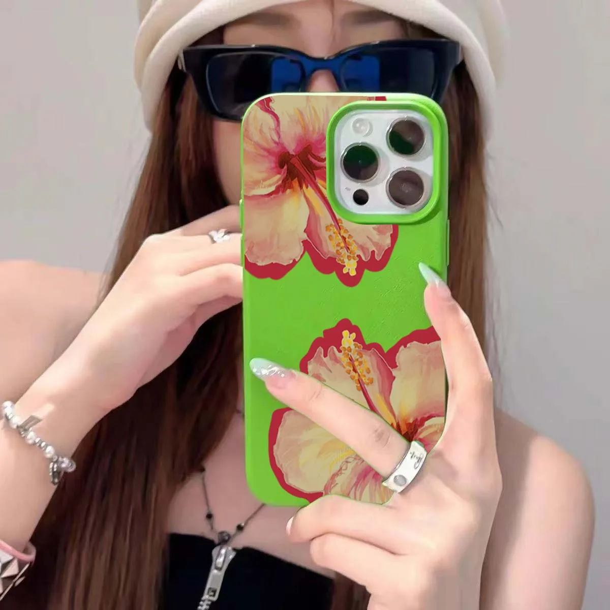 Elegant Pink Hibiscus Flower Lichee Silicone Phone Case For iPhone 17 16 Pro Max XS X XR 15 14 13 12 11 16 Plus Cover Soft Funda
