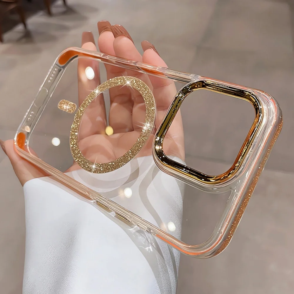 Luxury Bling Glitte for Magsafe Clear Case For iPhone 17 Air 16 Pro 15 14 13 12 11 Pro Max Magnet Metal Plating Lens Frame Case