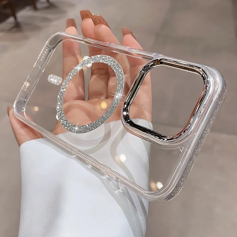 Luxury Bling Glitte for Magsafe Clear Case For iPhone 17 Air 16 Pro 15 14 13 12 11 Pro Max Magnet Metal Plating Lens Frame Case
