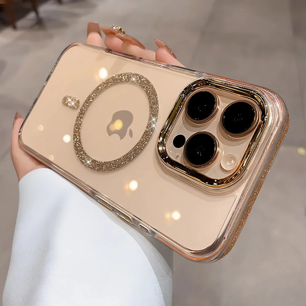 Luxury Bling Glitte for Magsafe Clear Case For iPhone 17 Air 16 Pro 15 14 13 12 11 Pro Max Magnet Metal Plating Lens Frame Case