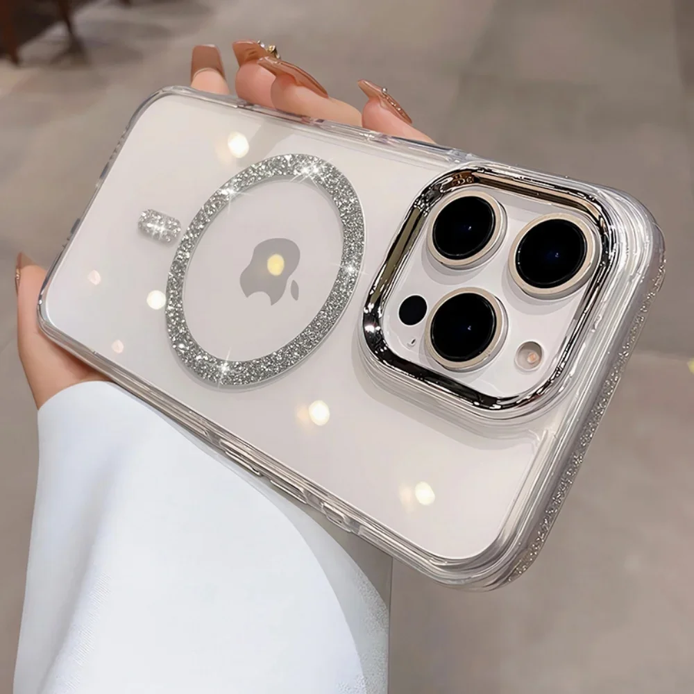 Luxury Bling Glitte for Magsafe Clear Case For iPhone 17 Air 16 Pro 15 14 13 12 11 Pro Max Magnet Metal Plating Lens Frame Case