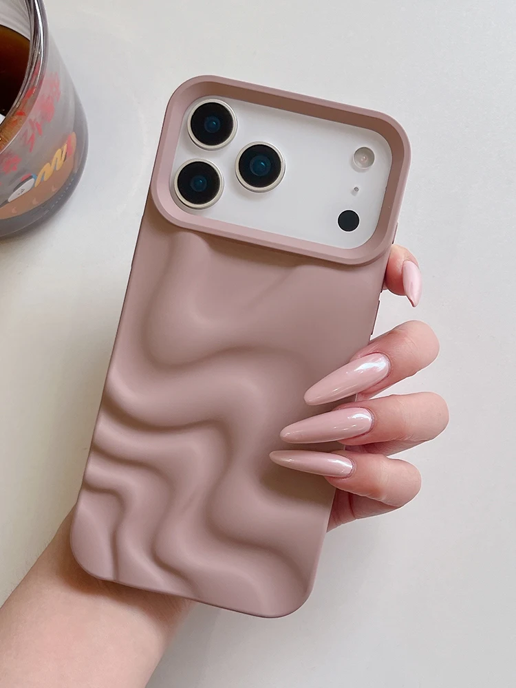 Stylish 3D Bump Wave Shiny Pink Back Cover For iPhone Air 11 12 13 14 15 17 18 Pro Max Phone Case