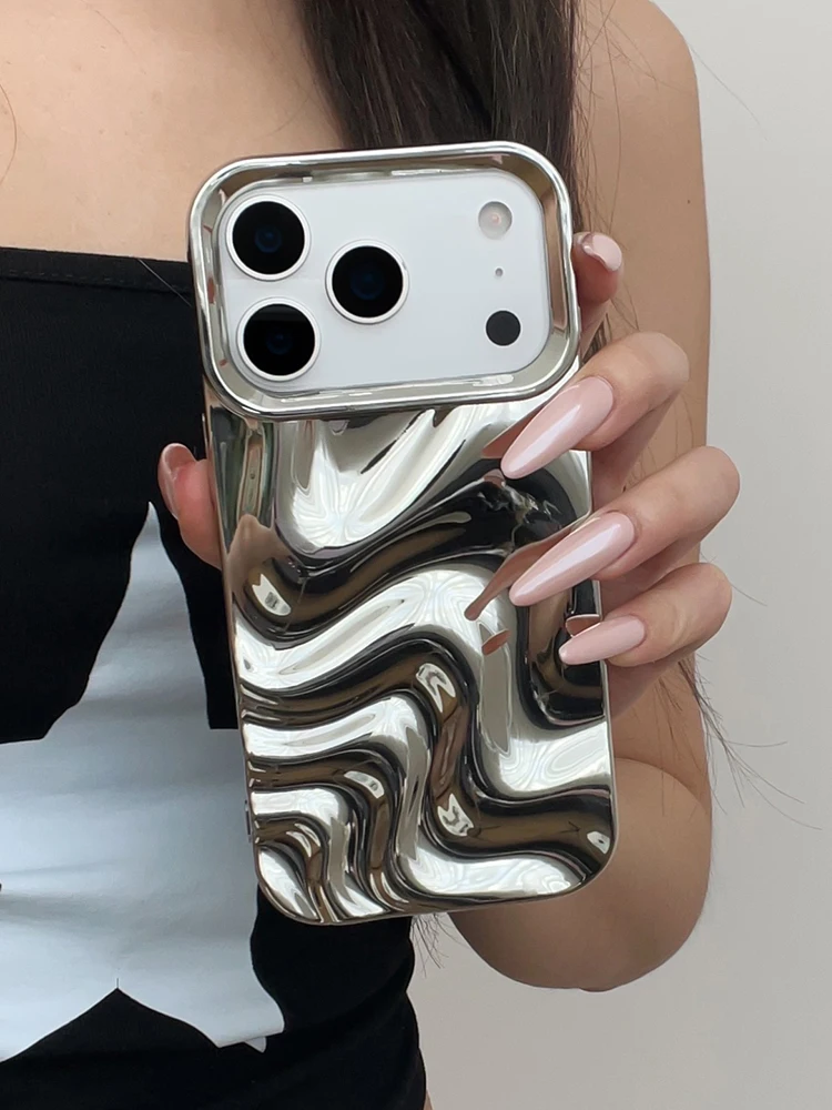 Stylish 3D Bump Wave Shiny Pink Back Cover For iPhone Air 11 12 13 14 15 17 18 Pro Max Phone Case
