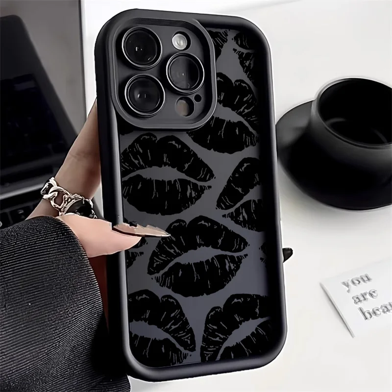 Black Lips Kiss Print Soft Matte Phone Case For Samsung Galaxy A16 S24 S25 Ultra S26 S23 FE A17 A56 Cases A36 A55 A54 A26 Cover