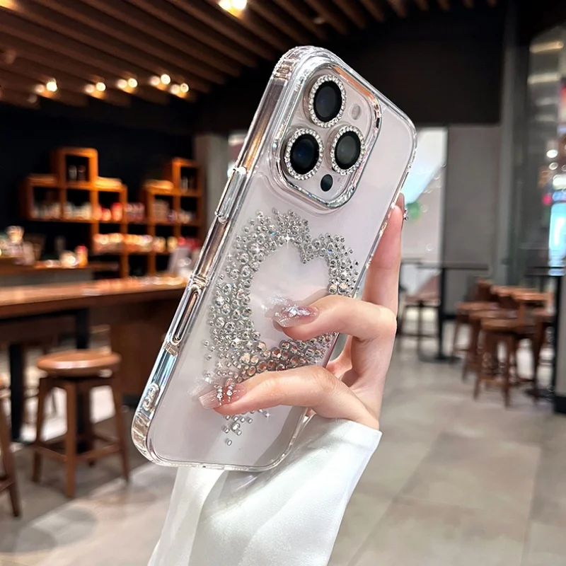 Transparent Love Heart 3D Diamond Case For iPhone 18 17 12 13 14 15 16 Pro Max Sparkling Rhinestone Clear Shockproof Hard Cover