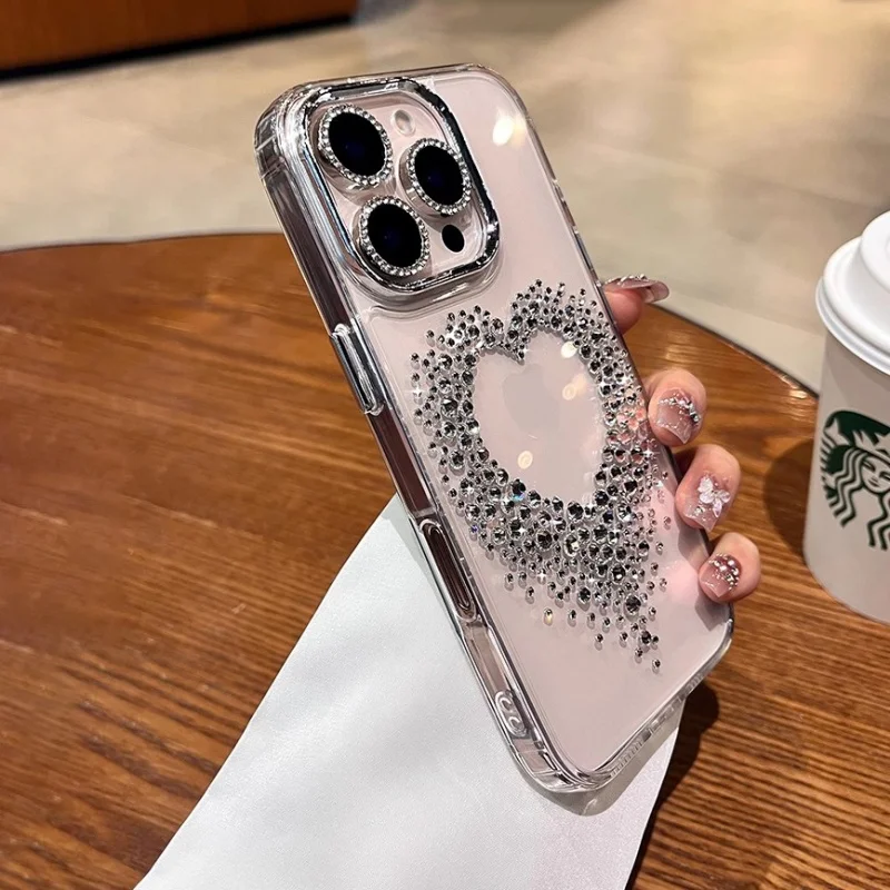 Transparent Love Heart 3D Diamond Case For iPhone 18 17 12 13 14 15 16 Pro Max Sparkling Rhinestone Clear Shockproof Hard Cover
