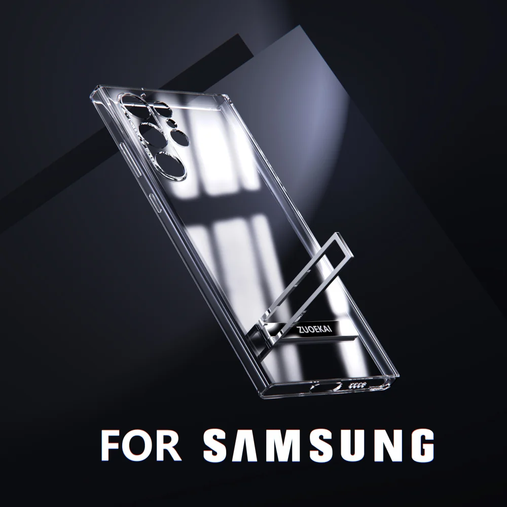 For Samsung Galaxy S25 S24 S23 S22 Ultra Transparent Kickstand Case with Bracket Standing Transverse Protective Clear Soft Cases