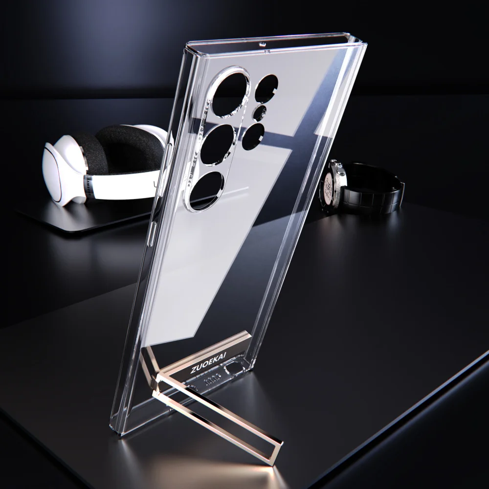 For Samsung Galaxy S25 S24 S23 S22 Ultra Transparent Kickstand Case with Bracket Standing Transverse Protective Clear Soft Cases