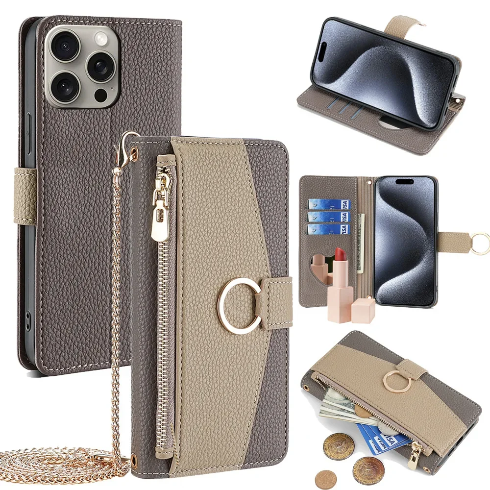 Crossbody Leather Zipper Wallet Case for iPhone 16 Pro Max 16E 15 Plus 14 13 12 11 X XR Flip Mirror Cover Long Lanyard Bag Cover