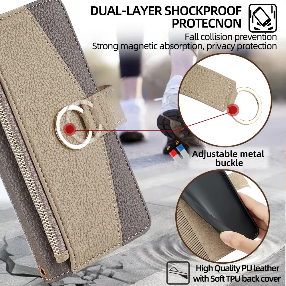 Crossbody Leather Zipper Wallet Case for iPhone 16 Pro Max 16E 15 Plus 14 13 12 11 X XR Flip Mirror Cover Long Lanyard Bag Cover