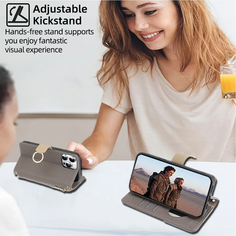 Crossbody Leather Zipper Wallet Case for iPhone 16 Pro Max 16E 15 Plus 14 13 12 11 X XR Flip Mirror Cover Long Lanyard Bag Cover