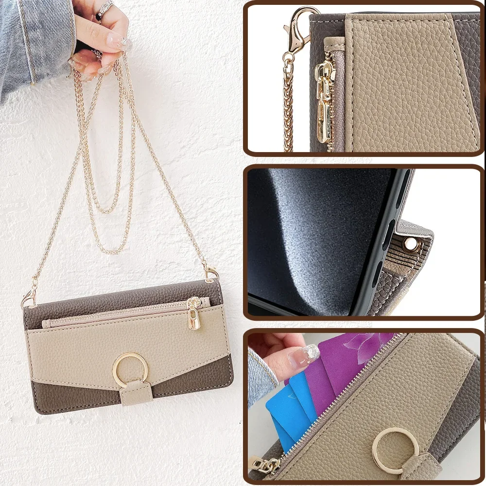 Crossbody Leather Zipper Wallet Case for iPhone 16 Pro Max 16E 15 Plus 14 13 12 11 X XR Flip Mirror Cover Long Lanyard Bag Cover