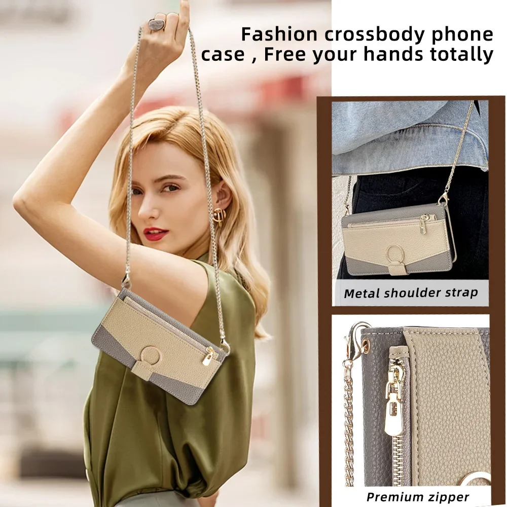 Crossbody Leather Zipper Wallet Case for iPhone 16 Pro Max 16E 15 Plus 14 13 12 11 X XR Flip Mirror Cover Long Lanyard Bag Cover