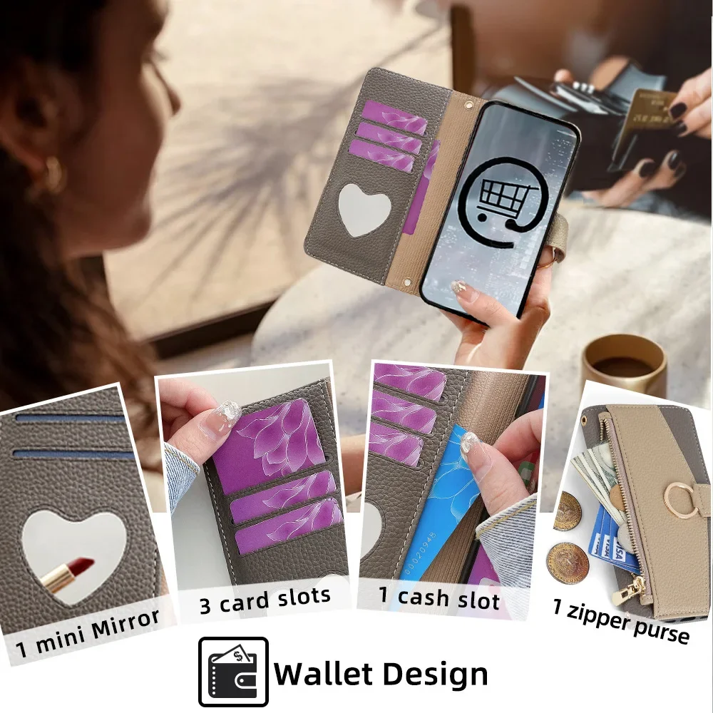Crossbody Leather Zipper Wallet Case for iPhone 16 Pro Max 16E 15 Plus 14 13 12 11 X XR Flip Mirror Cover Long Lanyard Bag Cover