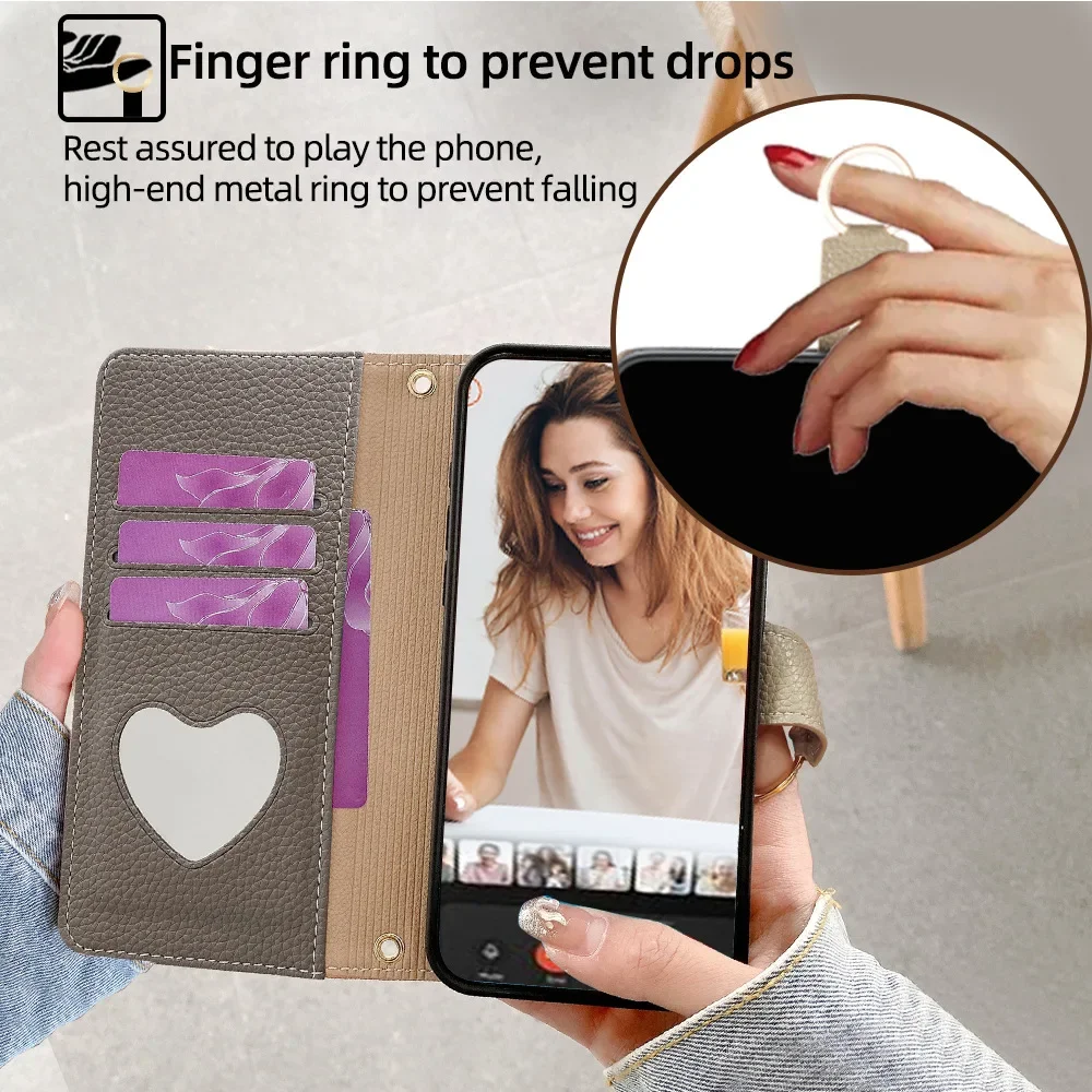 Crossbody Leather Zipper Wallet Case for iPhone 16 Pro Max 16E 15 Plus 14 13 12 11 X XR Flip Mirror Cover Long Lanyard Bag Cover