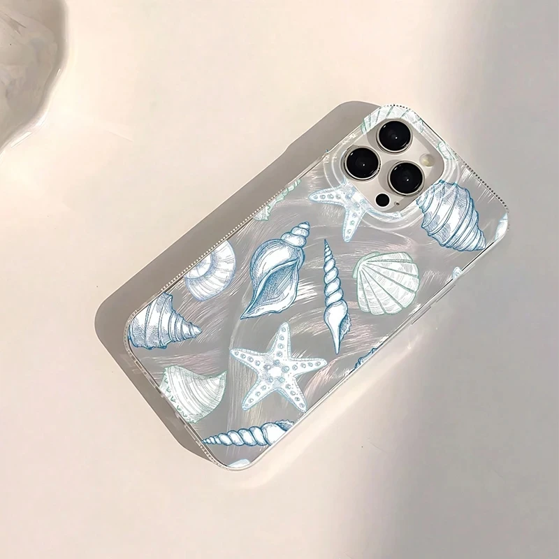 Seashell Starfish Pattern Phone Case For iPhone 16 11 13 14 15 16 Pro Max 16E 7 8 15 Plus X XS Max XR SE2 Feather Texture Cover