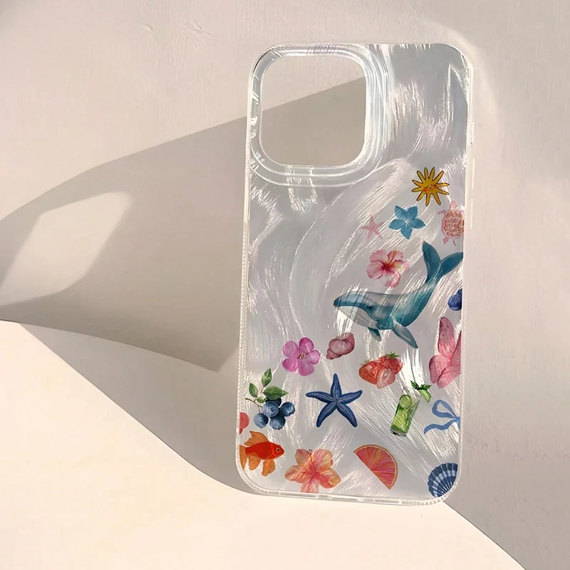 Seashell Starfish Pattern Phone Case For iPhone 16 11 13 14 15 16 Pro Max 16E 7 8 15 Plus X XS Max XR SE2 Feather Texture Cover