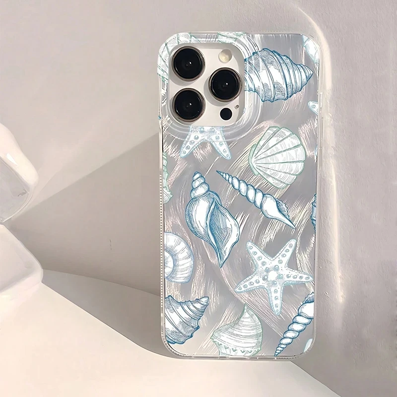 Seashell Starfish Pattern Phone Case For iPhone 16 11 13 14 15 16 Pro Max 16E 7 8 15 Plus X XS Max XR SE2 Feather Texture Cover