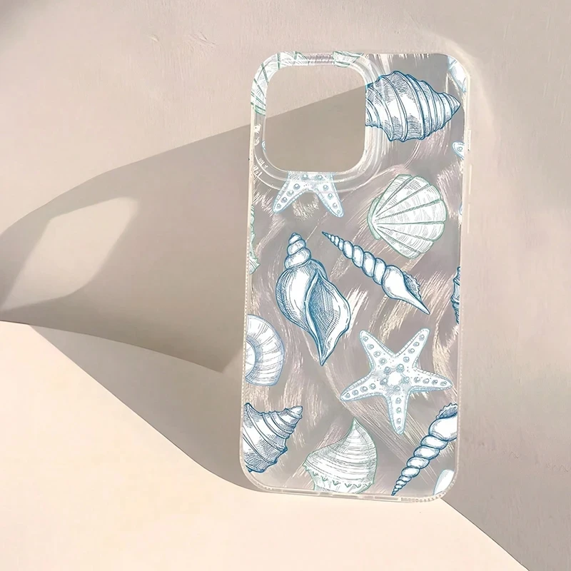 Seashell Starfish Pattern Phone Case For iPhone 16 11 13 14 15 16 Pro Max 16E 7 8 15 Plus X XS Max XR SE2 Feather Texture Cover