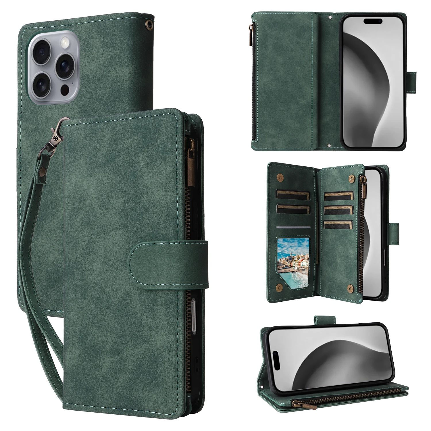 Premium Leather Wallet Case For iPhone 16 15 14 13 12 11 17 Pro Max Plus 17Air 16e Zipper Wallet Card Slots Magnetic Flip Cover