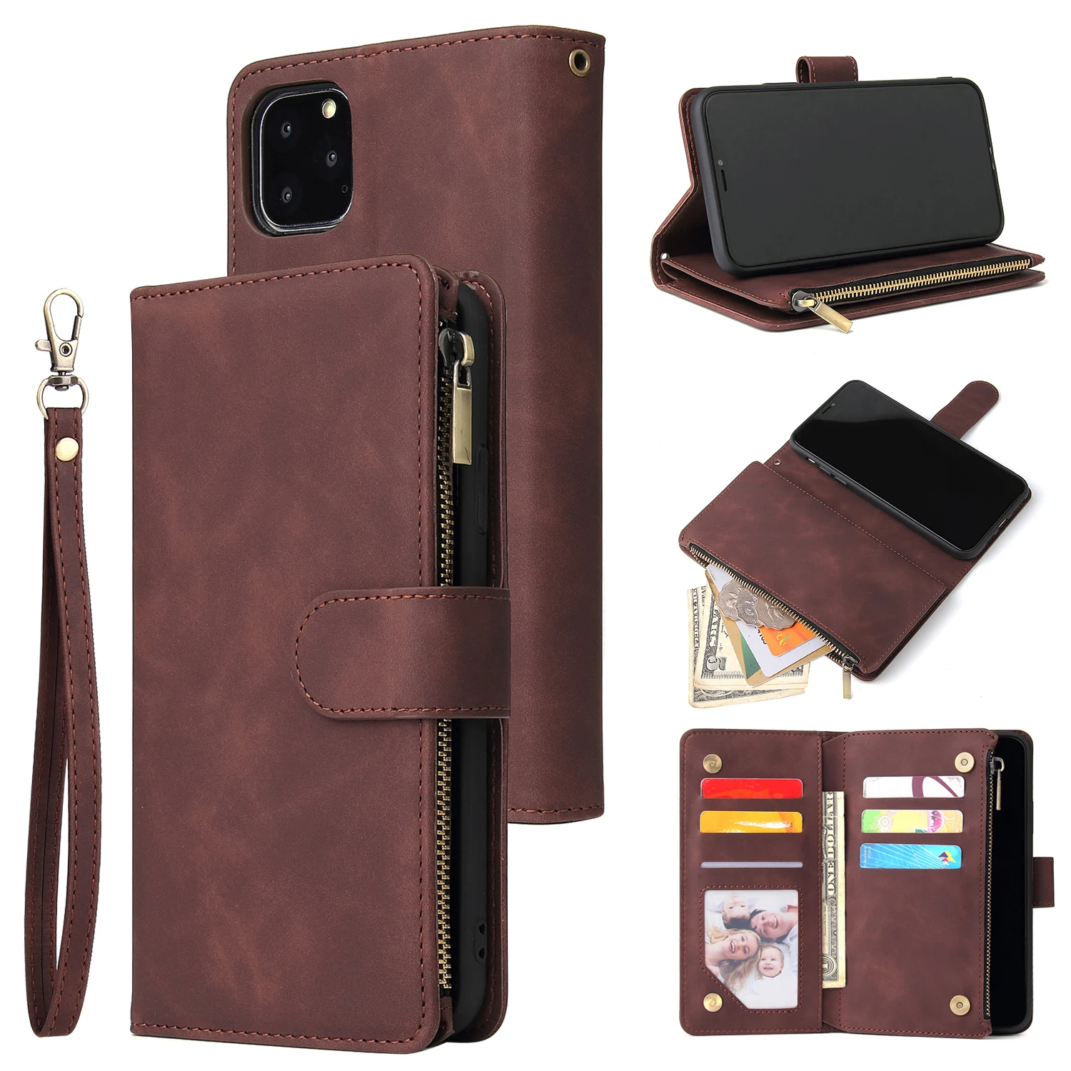 Premium Leather Wallet Case For iPhone 16 15 14 13 12 11 17 Pro Max Plus 17Air 16e Zipper Wallet Card Slots Magnetic Flip Cover