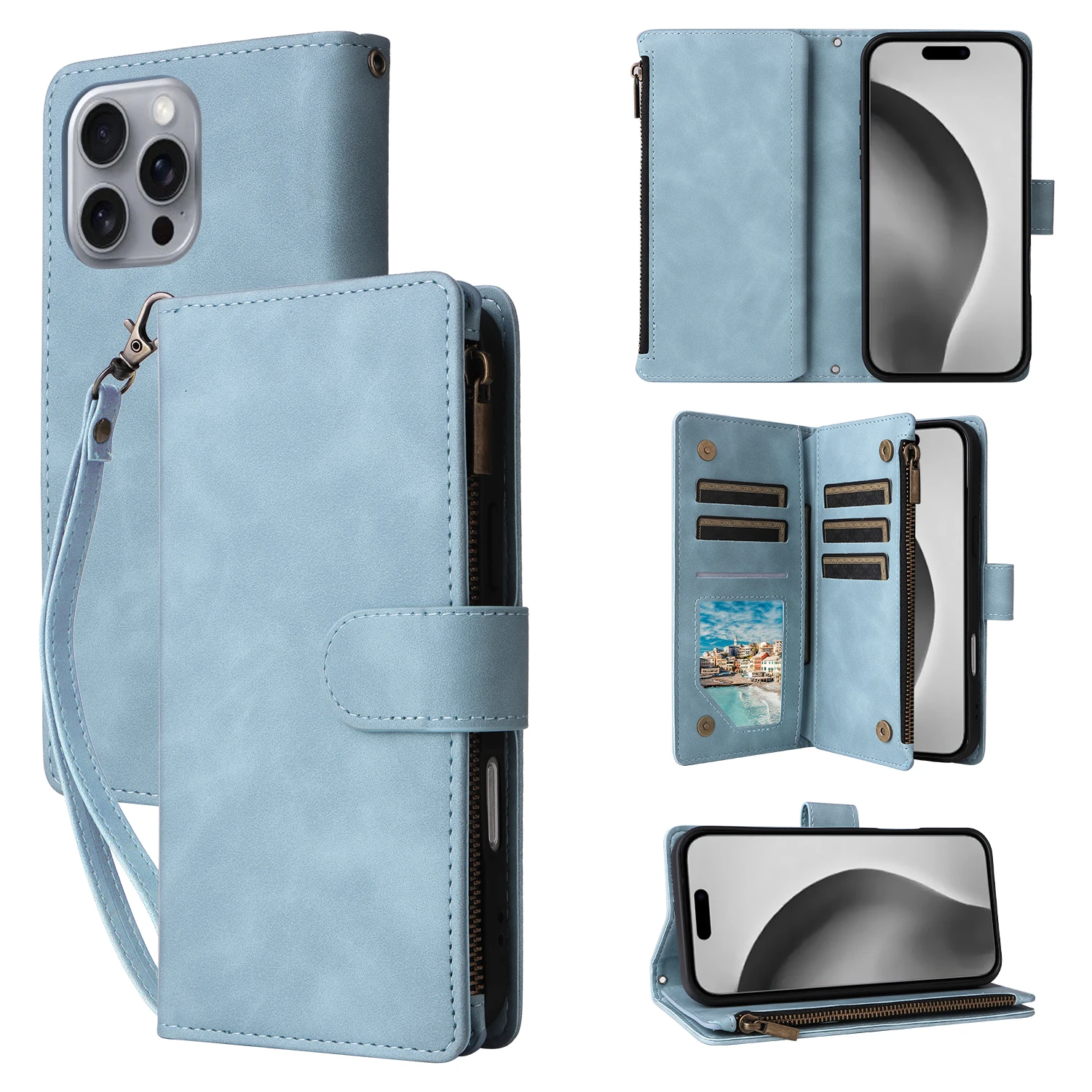 Premium Leather Wallet Case For iPhone 16 15 14 13 12 11 17 Pro Max Plus 17Air 16e Zipper Wallet Card Slots Magnetic Flip Cover