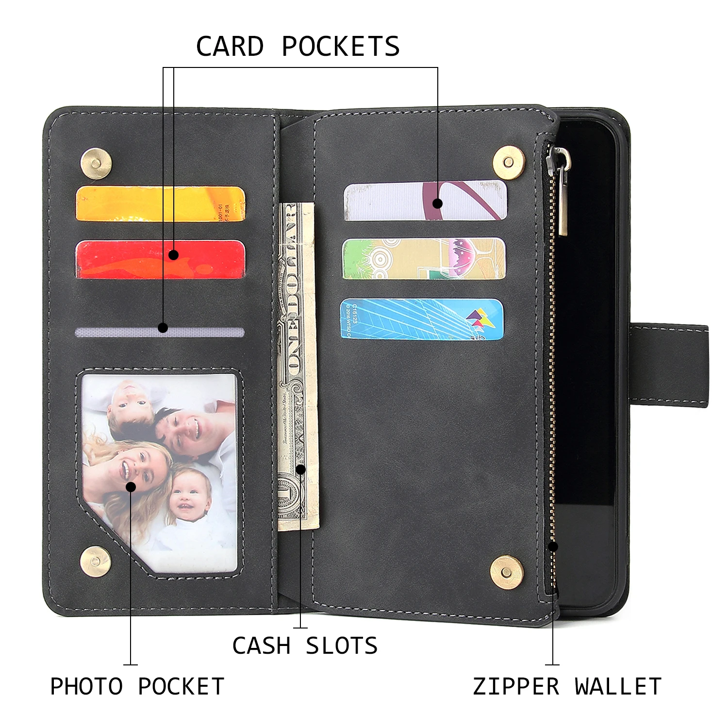 Premium Leather Wallet Case For iPhone 16 15 14 13 12 11 17 Pro Max Plus 17Air 16e Zipper Wallet Card Slots Magnetic Flip Cover