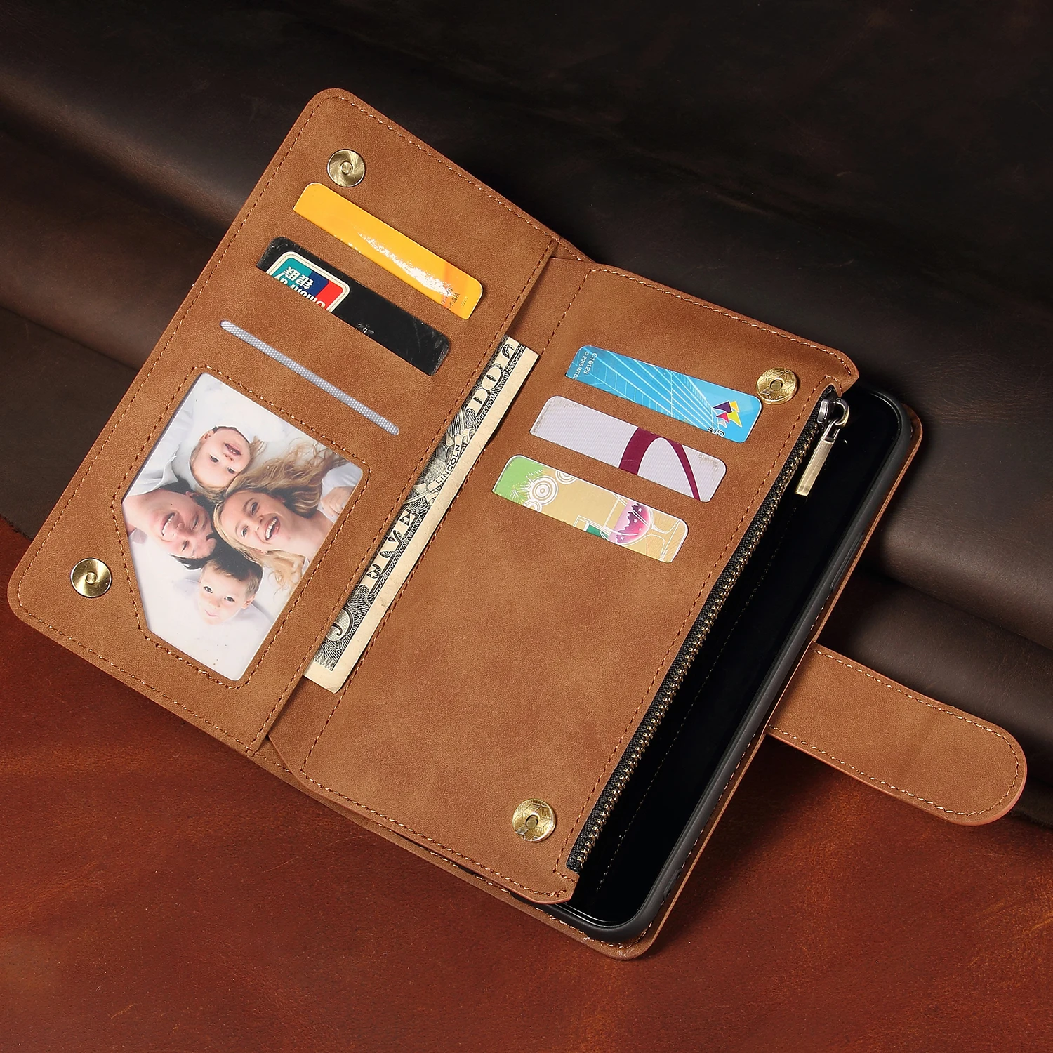 Premium Leather Wallet Case For iPhone 16 15 14 13 12 11 17 Pro Max Plus 17Air 16e Zipper Wallet Card Slots Magnetic Flip Cover