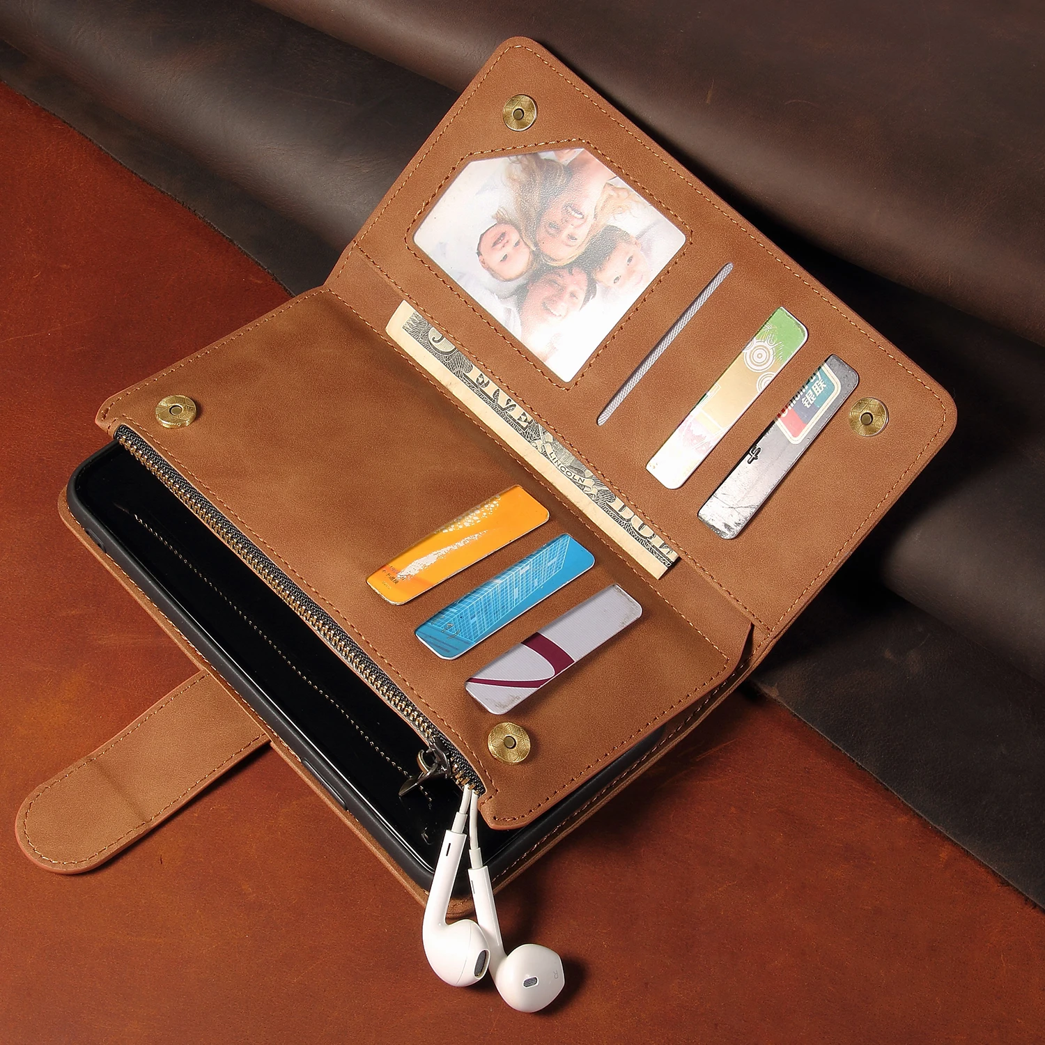 Premium Leather Wallet Case For iPhone 16 15 14 13 12 11 17 Pro Max Plus 17Air 16e Zipper Wallet Card Slots Magnetic Flip Cover