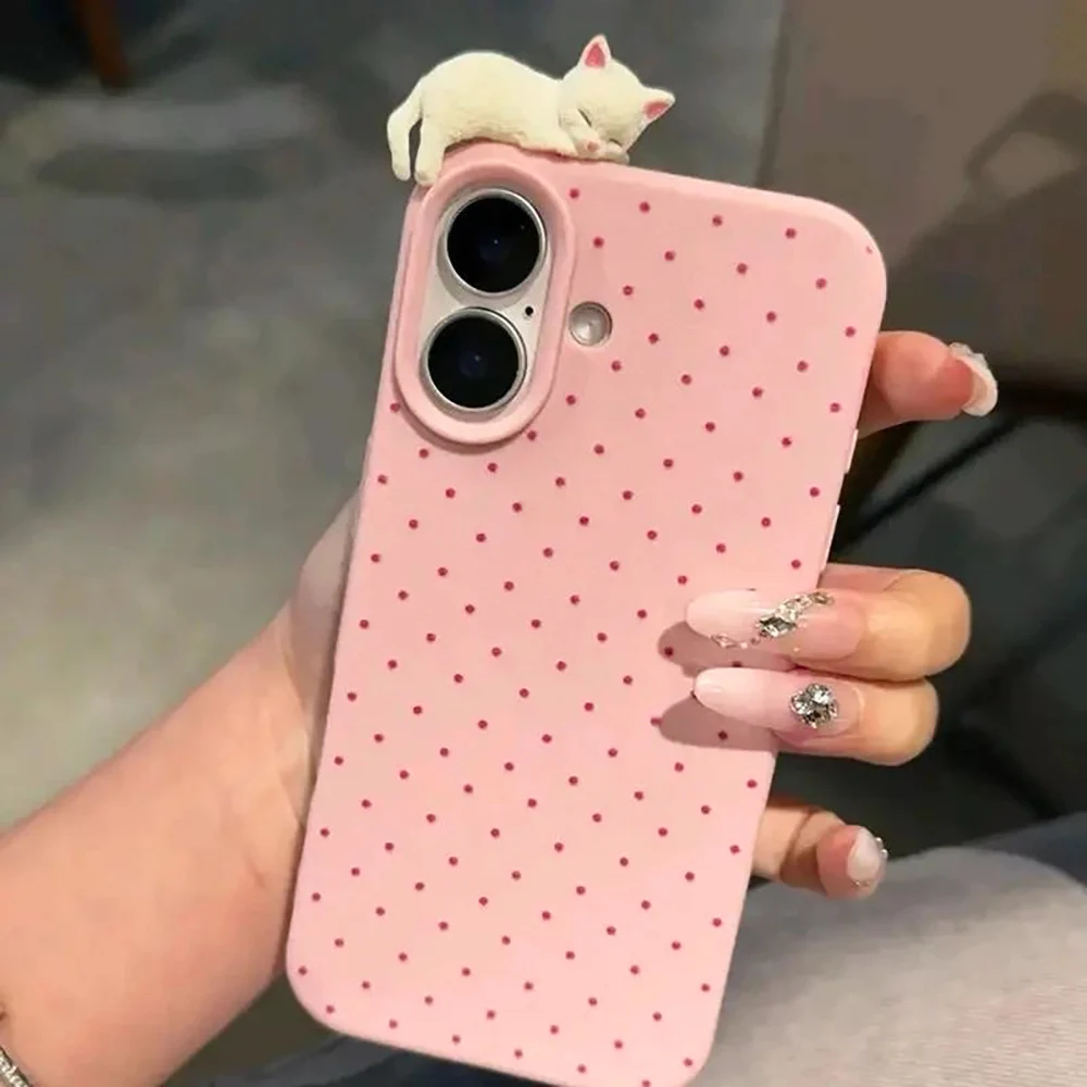 Cute 3D Cat Dot Leather Phone Case For iPhone 15 16 11 12 13 14 Pro Max 15 Plus iPhone17 17 Lovely Cartoon Cat Shockproof Cover