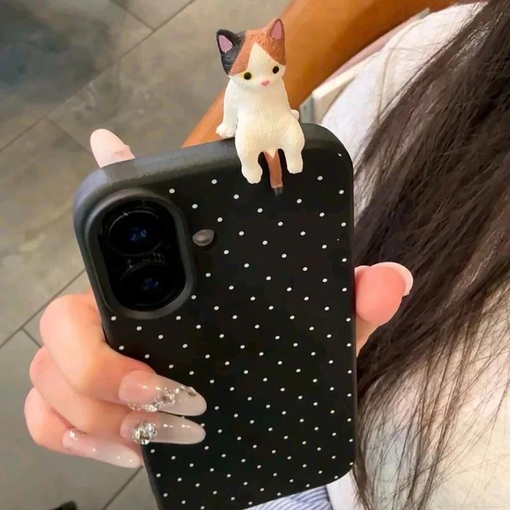 Cute 3D Cat Dot Leather Phone Case For iPhone 15 16 11 12 13 14 Pro Max 15 Plus iPhone17 17 Lovely Cartoon Cat Shockproof Cover