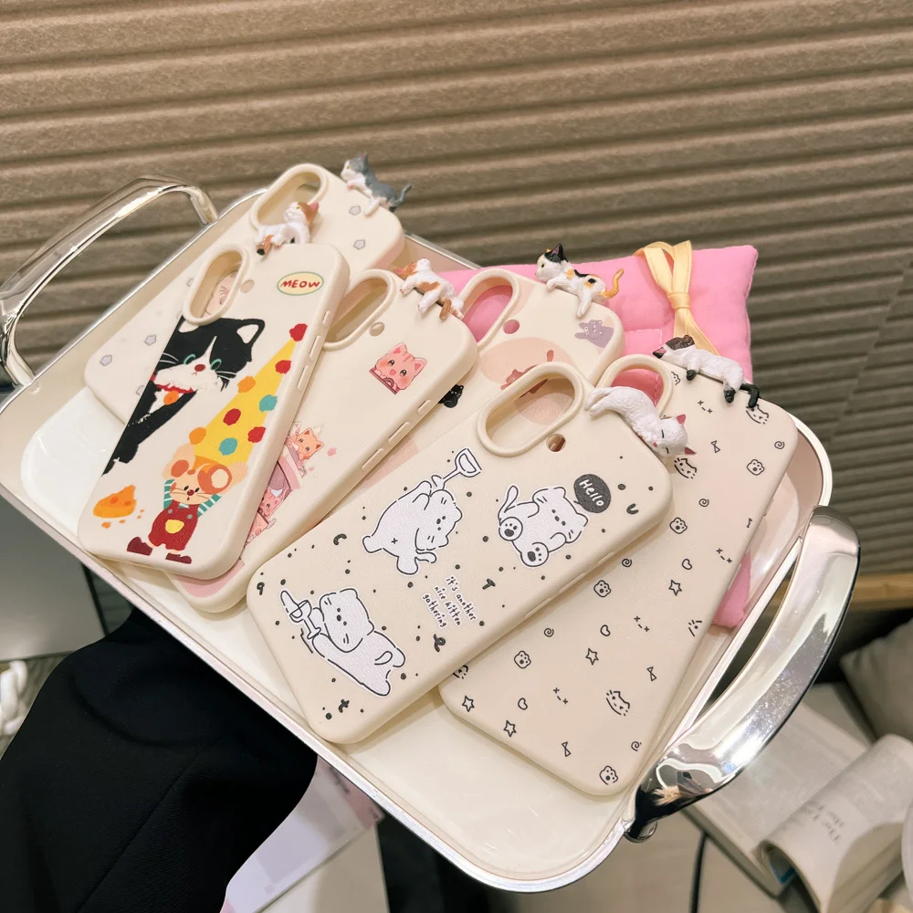 Cute 3D Cat Dot Leather Phone Case For iPhone 15 16 11 12 13 14 Pro Max 15 Plus iPhone17 17 Lovely Cartoon Cat Shockproof Cover