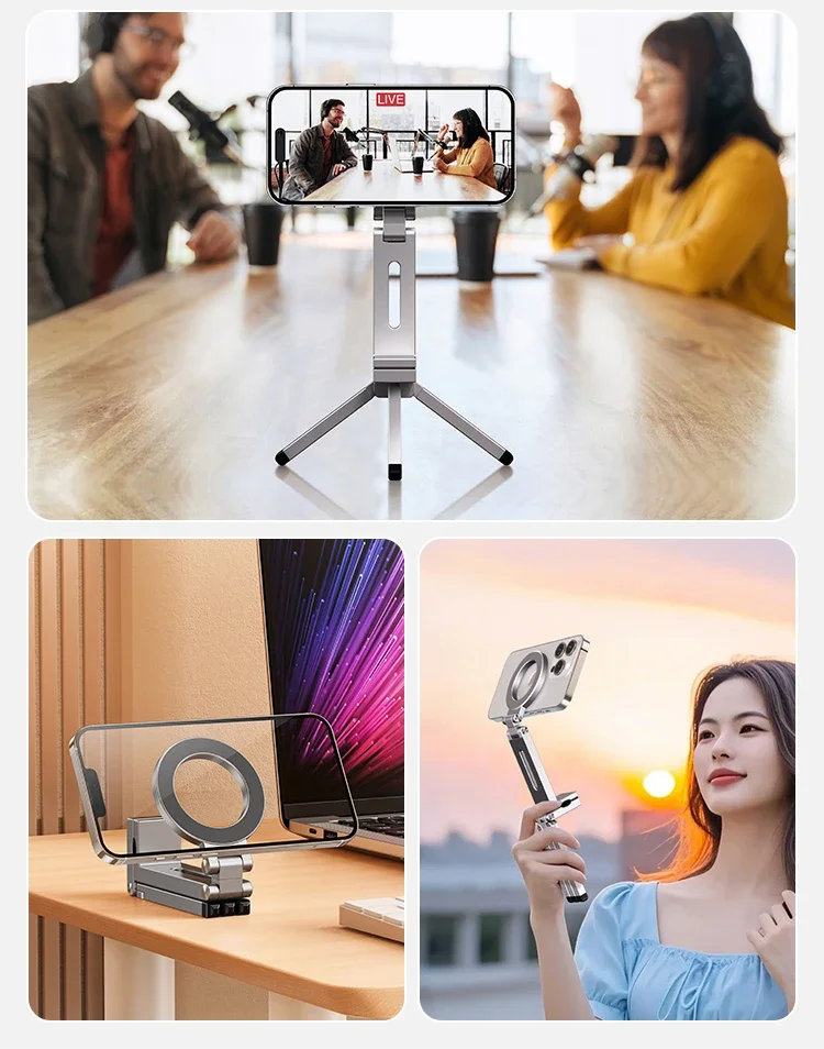 For Magsafe Plane Phone Holder Portable Magnetic Phone Holder Aluminum Alloy 360° Rotating Foldable Tripod for Travel/Car/Desk