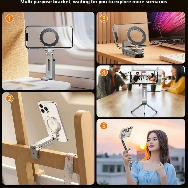 For Magsafe Plane Phone Holder Portable Magnetic Phone Holder Aluminum Alloy 360° Rotating Foldable Tripod for Travel/Car/Desk