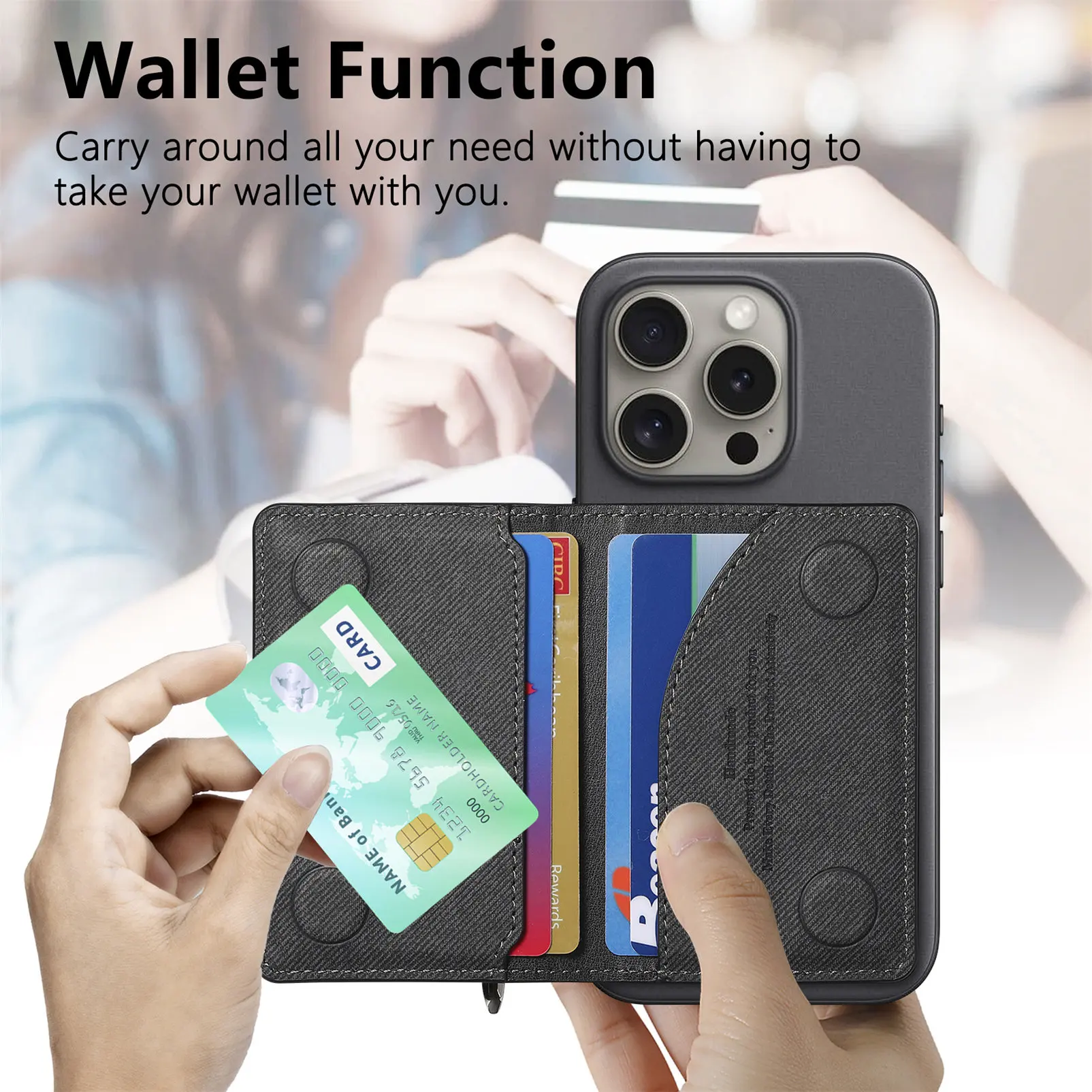Mobile Phone Case Card Holder With PU Leather Back Sticker Card Bag Portable Zipper Wallet Stand For iPhone 16 Pro Max 15 14 13