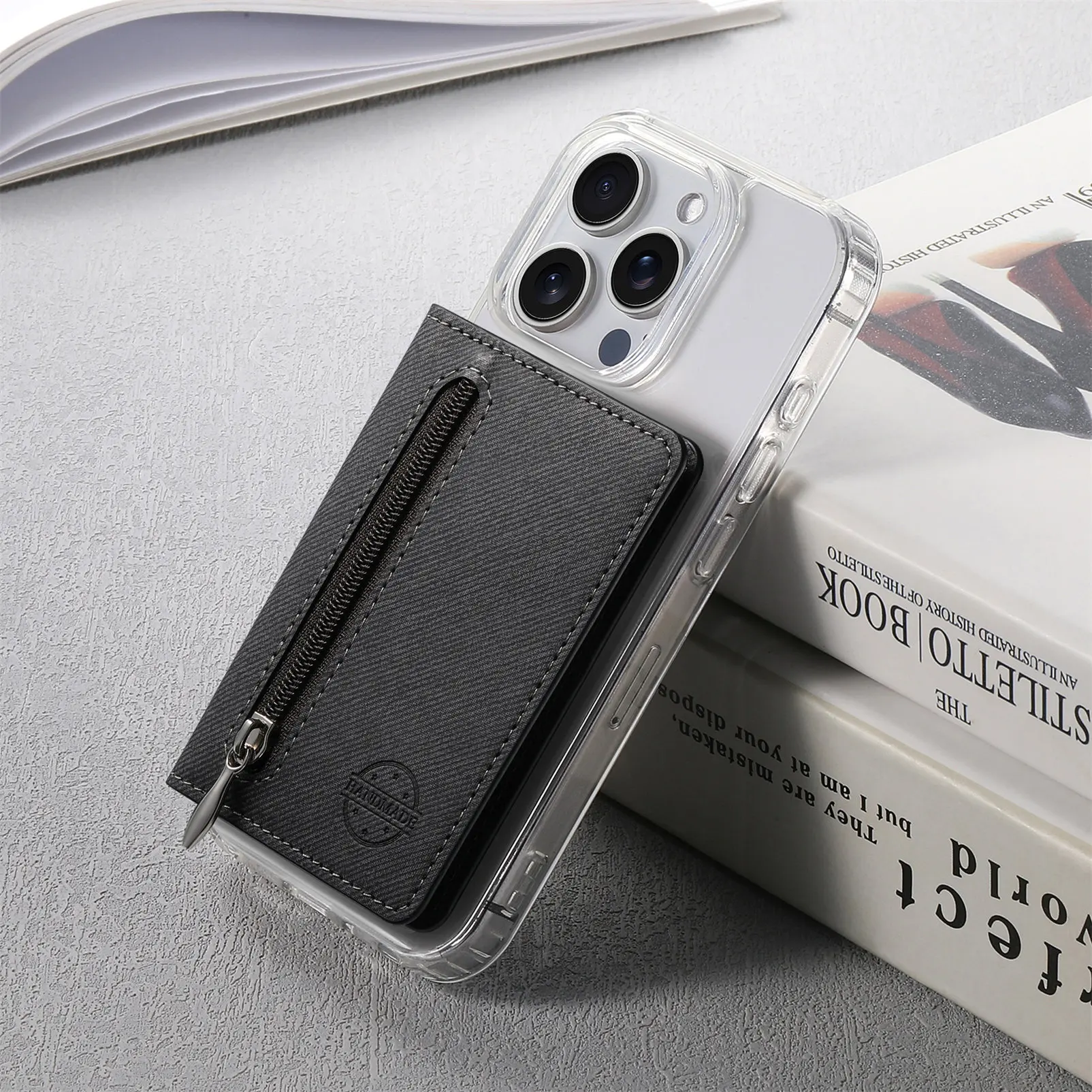 Mobile Phone Case Card Holder With PU Leather Back Sticker Card Bag Portable Zipper Wallet Stand For iPhone 16 Pro Max 15 14 13