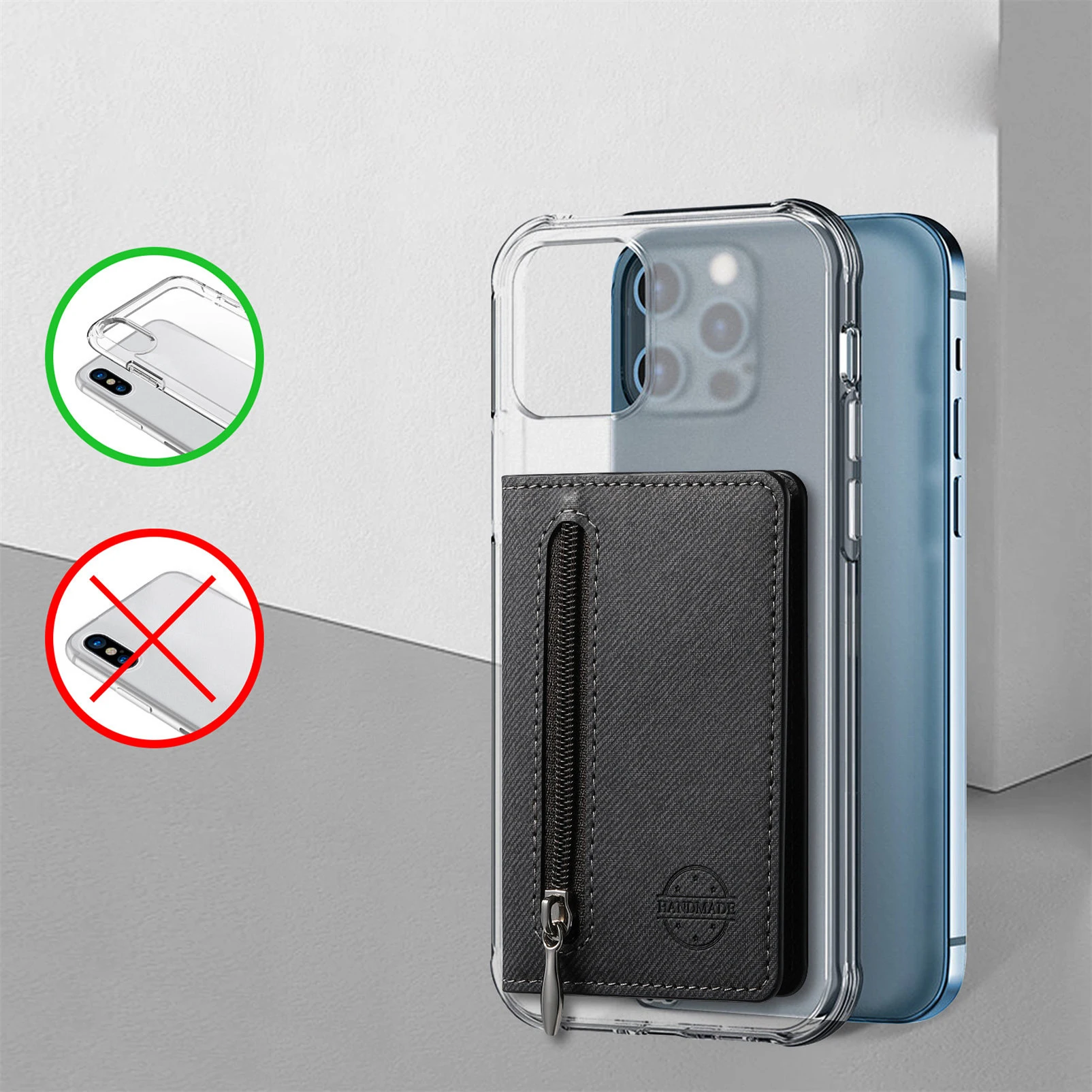Mobile Phone Case Card Holder With PU Leather Back Sticker Card Bag Portable Zipper Wallet Stand For iPhone 16 Pro Max 15 14 13