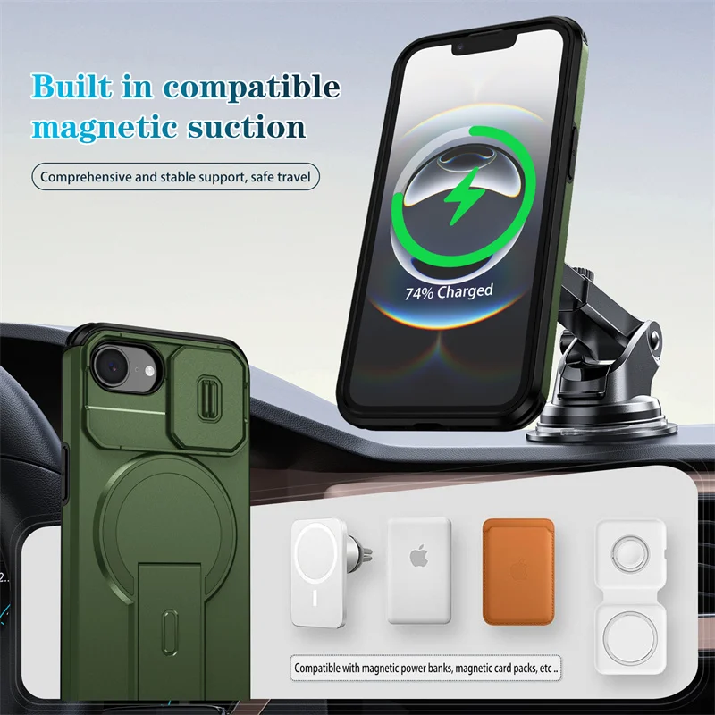 Armor Funda For iPhone 16e Case Slide Lens Protect Coque For iPhone 16 e iPhone16e For Magsafe Magnetic Wireless Charging Cover
