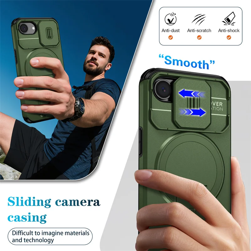 Armor Funda For iPhone 16e Case Slide Lens Protect Coque For iPhone 16 e iPhone16e For Magsafe Magnetic Wireless Charging Cover