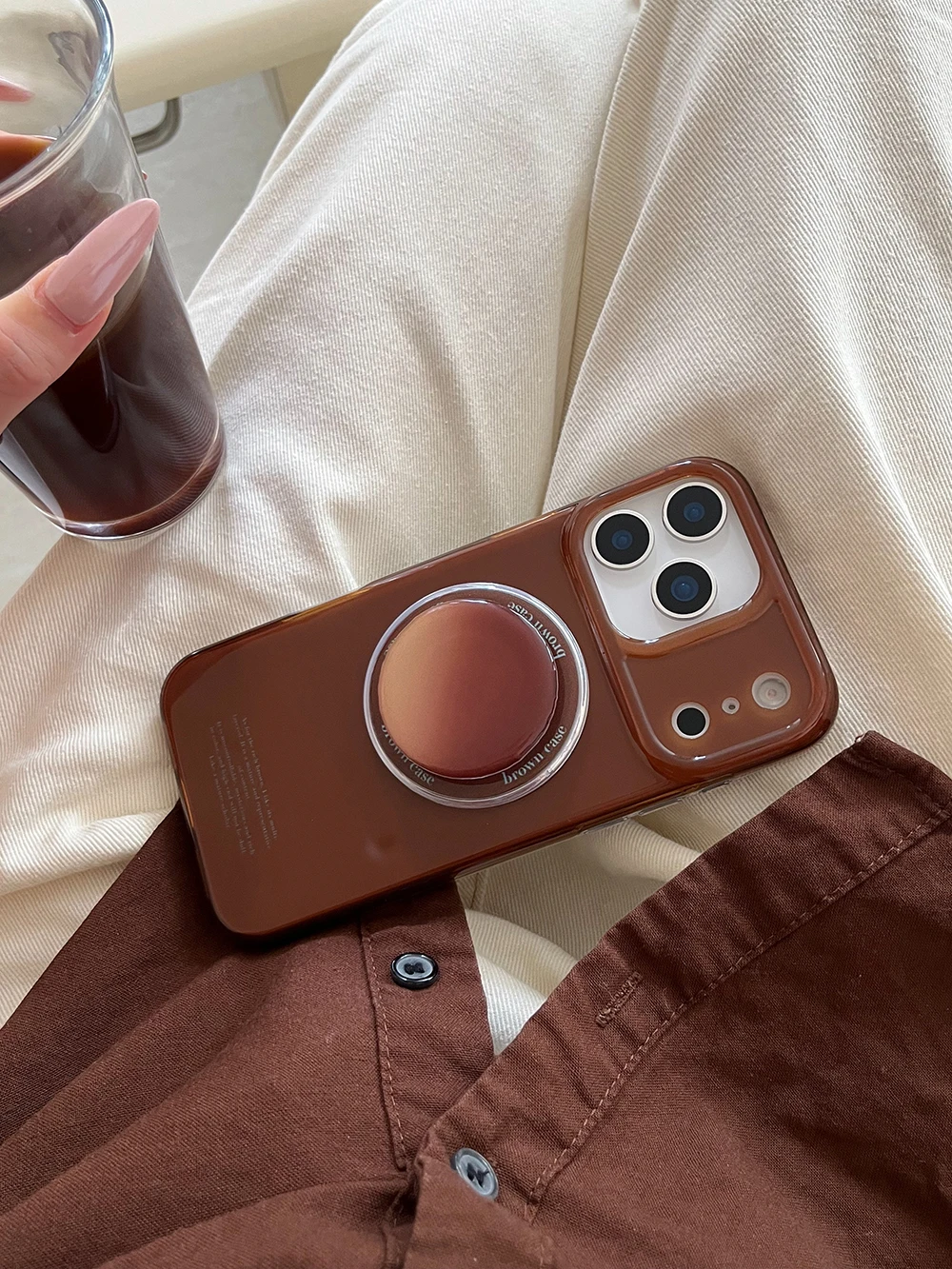 Vintage Brown Magnetic Grip Tok Phone Case for iPhone 17 16 15 14 13 Pro Max Wireless Charge For Magsafe Stand Holder Back Cover