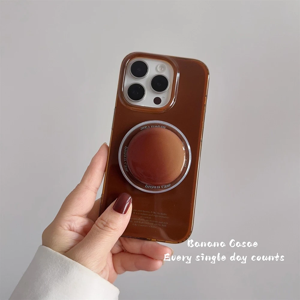 Vintage Brown Magnetic Grip Tok Phone Case for iPhone 17 16 15 14 13 Pro Max Wireless Charge For Magsafe Stand Holder Back Cover