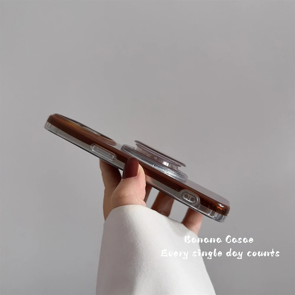 Vintage Brown Magnetic Grip Tok Phone Case for iPhone 17 16 15 14 13 Pro Max Wireless Charge For Magsafe Stand Holder Back Cover
