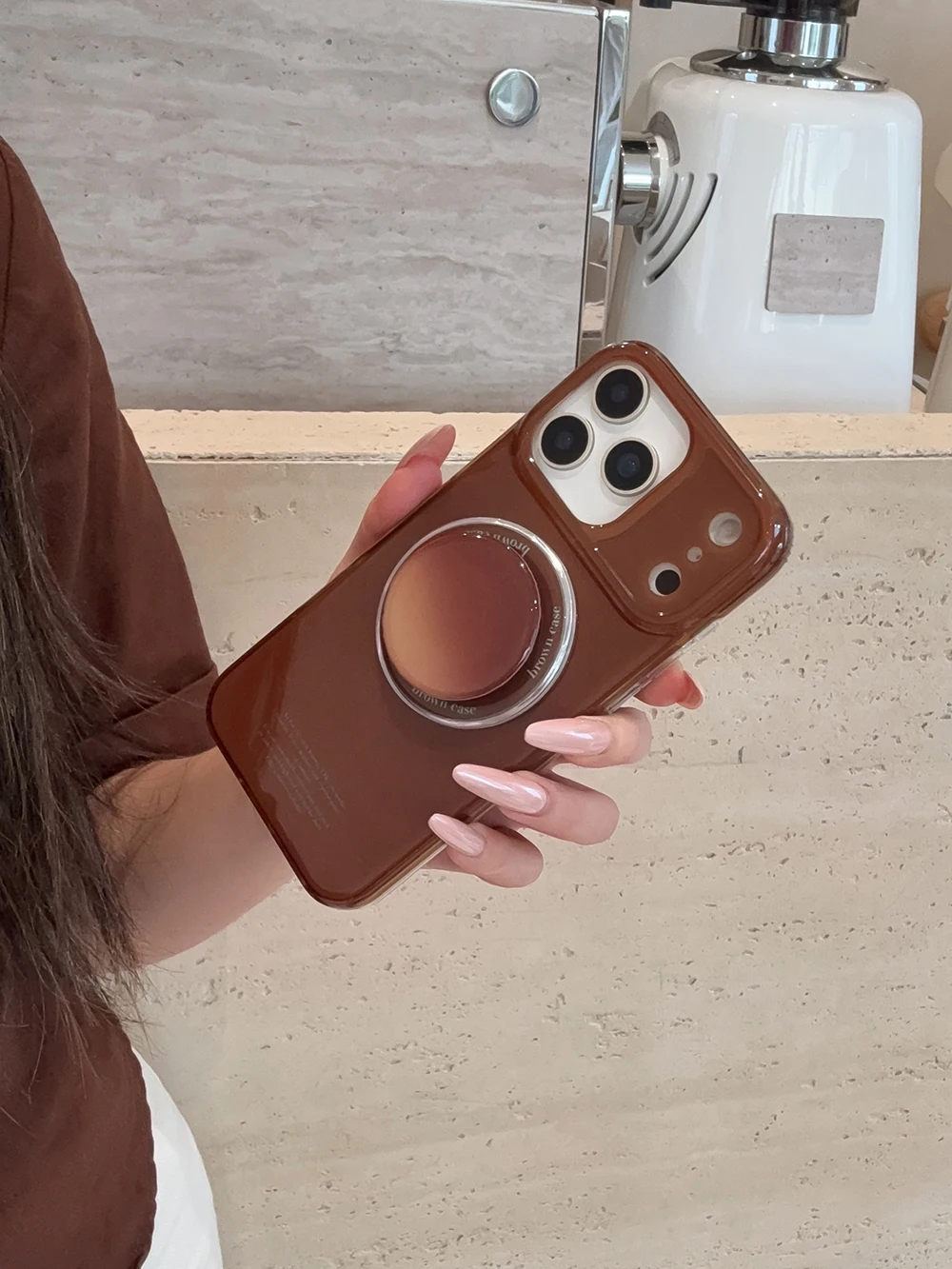Vintage Brown Magnetic Grip Tok Phone Case for iPhone 17 16 15 14 13 Pro Max Wireless Charge For Magsafe Stand Holder Back Cover