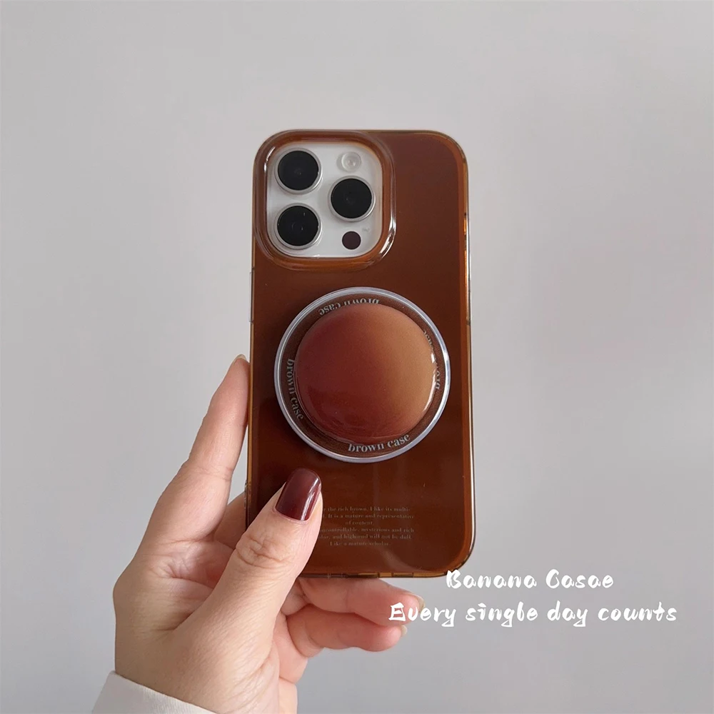Vintage Brown Magnetic Grip Tok Phone Case for iPhone 17 16 15 14 13 Pro Max Wireless Charge For Magsafe Stand Holder Back Cover