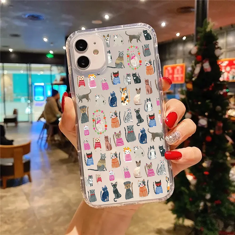 Cute Collage Cartoon Cat Phone Case For iPhone 17 16 15 14 13 12 11 Pro Max Air 15 Plus XS X XR Transparent Silicone Soft Cover